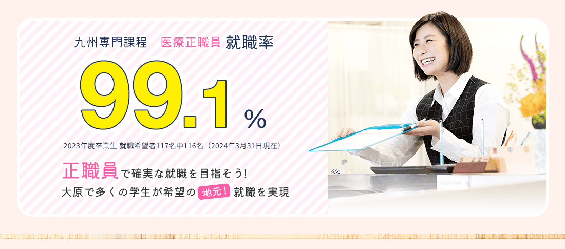 九州専門課程 医療正職員就職率99.1%　就職に強い!