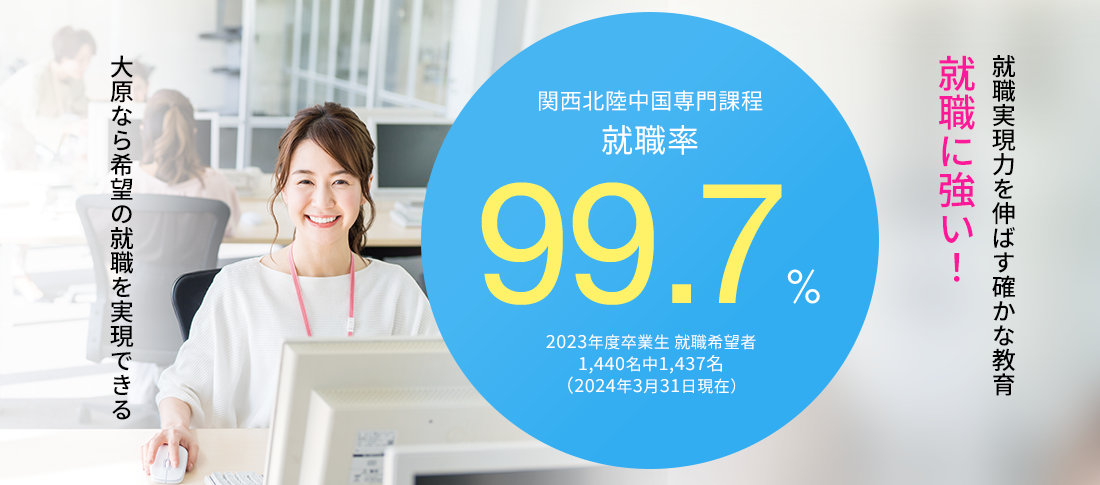 関西北陸中国専門課程 就職率99.7%　就職に強い!