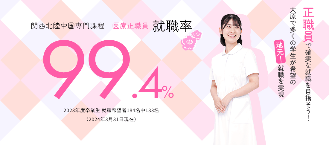 関西北陸中国専門課程 医療事務系正職員就職率99.4%　就職に強い!