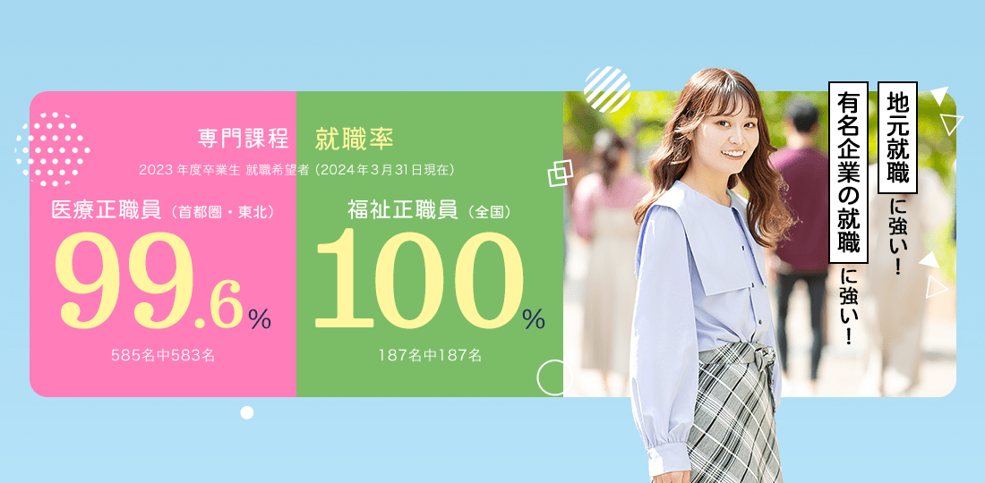 首都圏・東北専門課程 就職率　医療正職員99.6% 福祉正職員100%　地元就職に強い！有名企業の就職に強い！