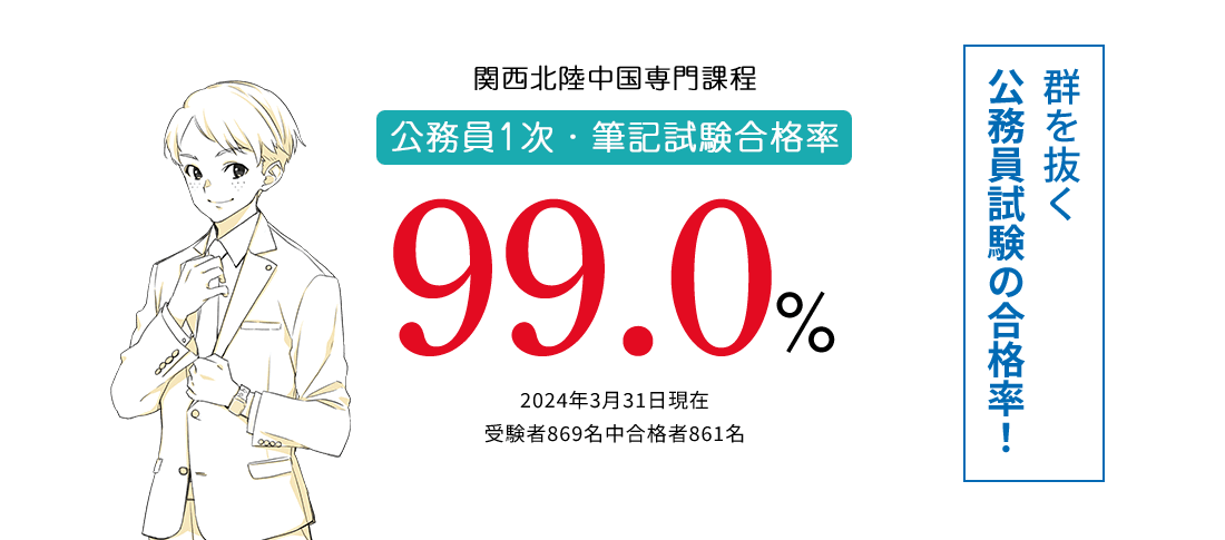 関西北陸中国専門課程 公務員1次・筆記試験合格率99.0%　公務員合格に強い!