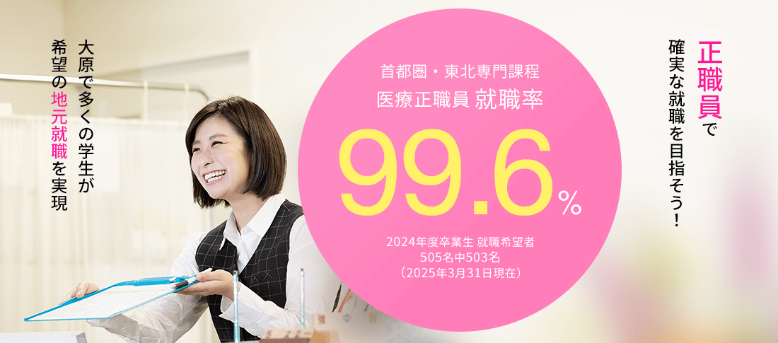 首都圏・東北専門課程 医療正職員就職率99.6%　確実な就職を目指そう!