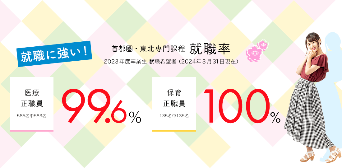 首都圏・東北専門課程 就職率　医療正職員99.6% 保育正職員100%　就職に強い！