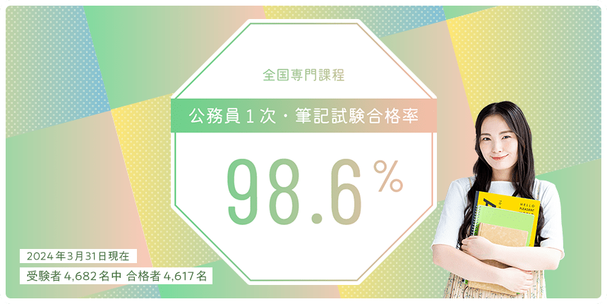 首都圏・東北専門課程 公務員1次・筆記試験合格率96.2%　公務員試験に強い！